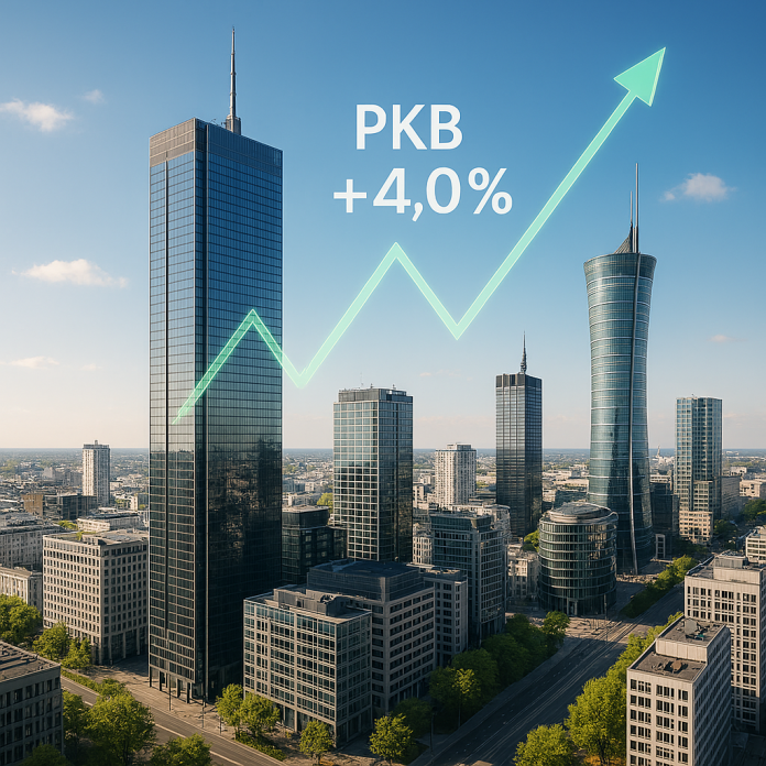 Panorama Warszawy z wieżowcami i nałożonym zielonym wykresem wzrostu oraz napisem PKB +4,0% na błękitnym niebie