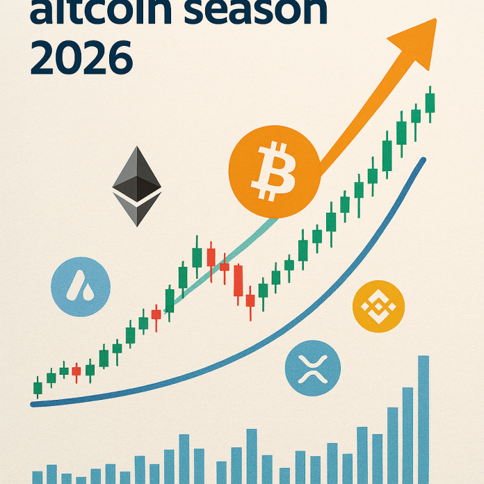 Infografika przedstawiająca altcoin season 2026: rosnący wykres świecowy z logotypami Bitcoin, Ethereum, XRP, BNB i Avalanche.