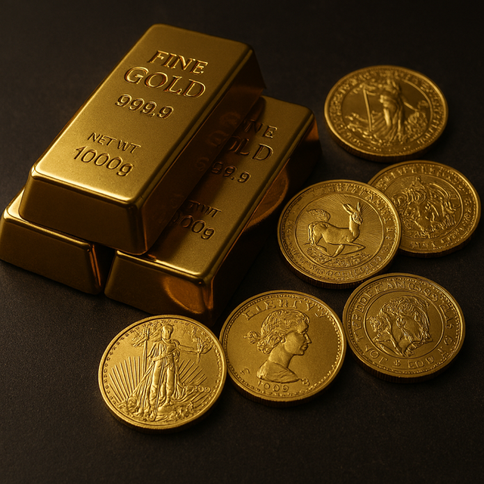 Sztabki złota 999.9 FINE GOLD i złote monety bulionowe, ilustrujące bezpieczną formę inwestowania w kruszec w 2026 roku.